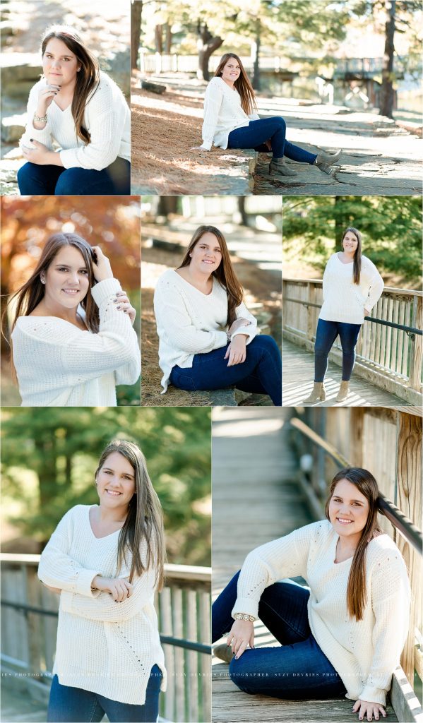 Senior photography wearing comfy white sweater at SIUE gardens.
