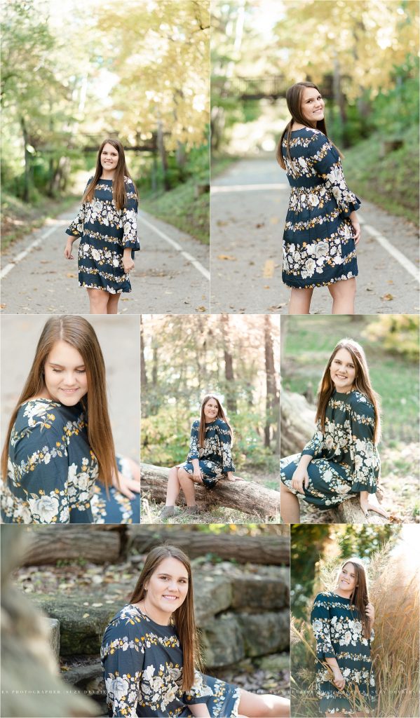 High School senior photograpy of a girl wearing a floral dress at the SIUE gardens.