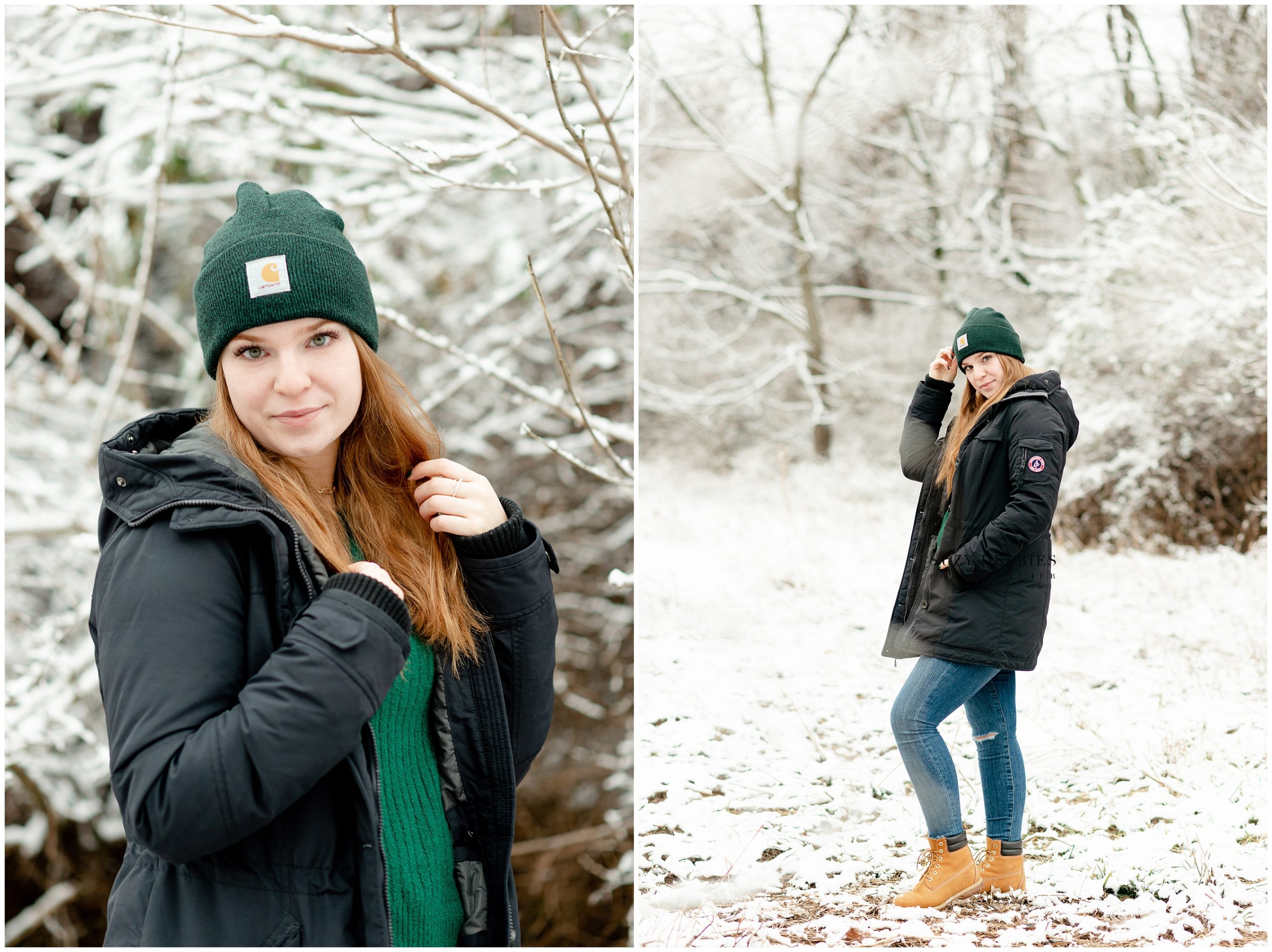 Senior girl wearing a black coat and green carhartt hat in the snow. 