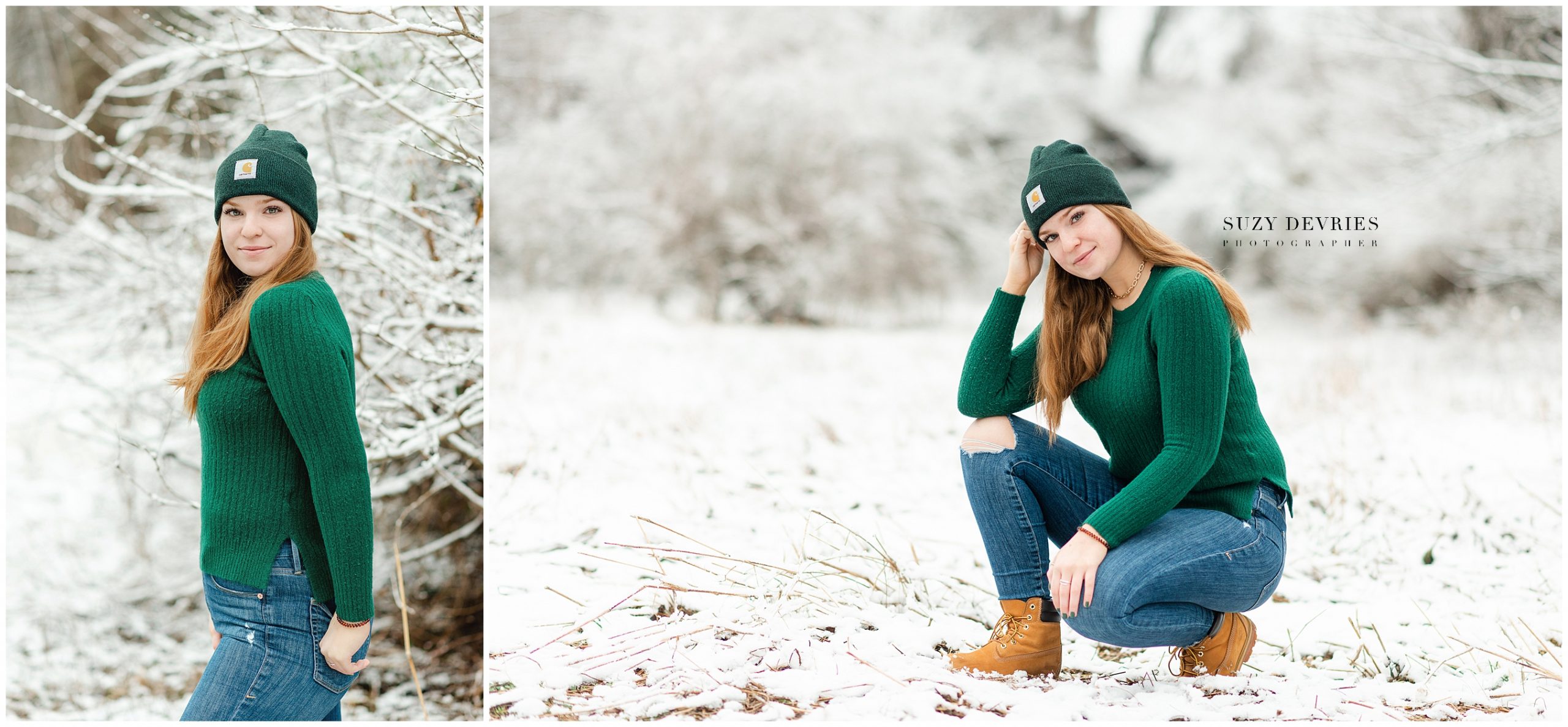 Senior girl wearing a green sweater and green carhartt hat in the snow. 