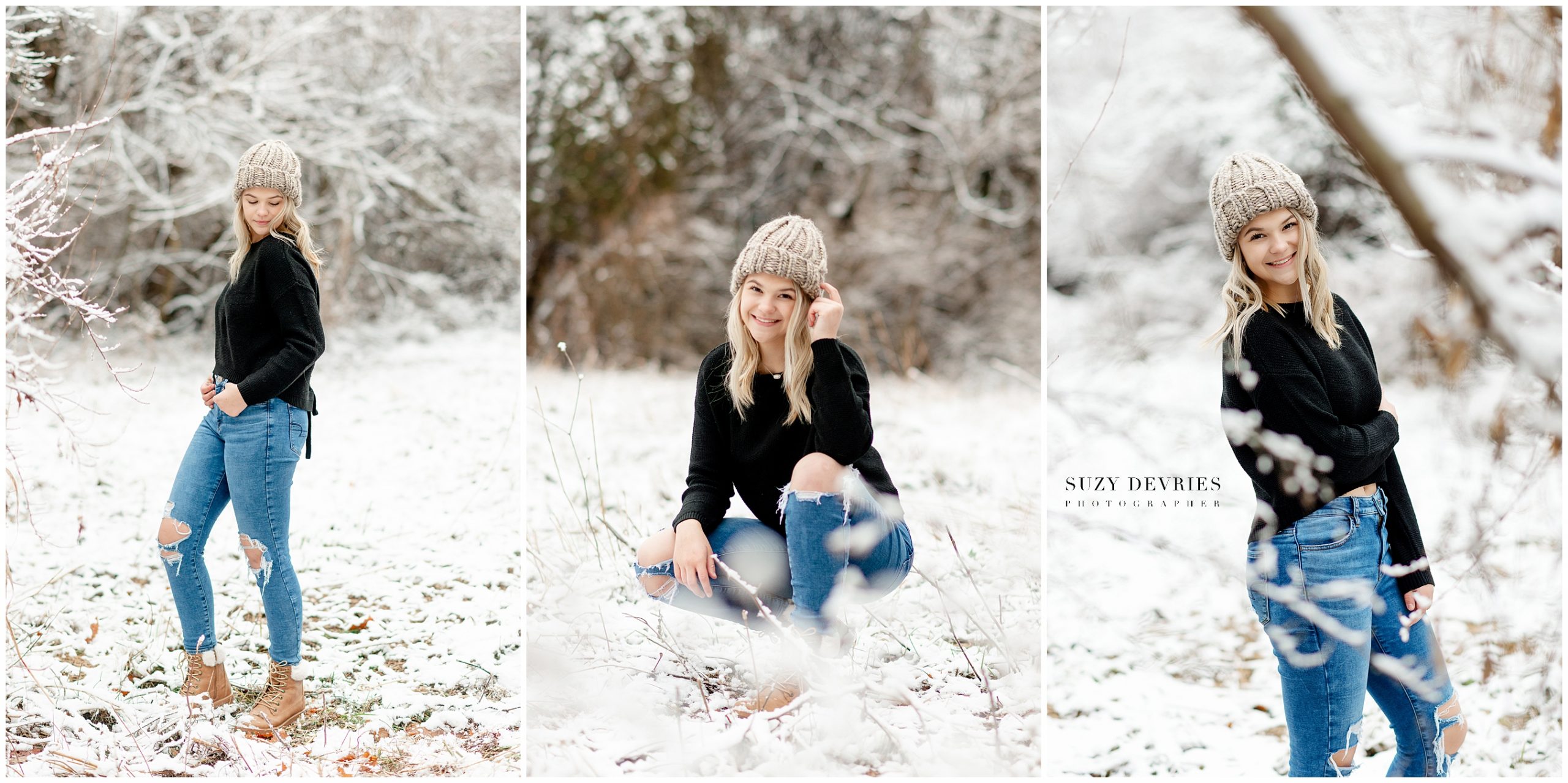 Edwardsville High School Senior girl in the snow wearing a black coat and tan hat.