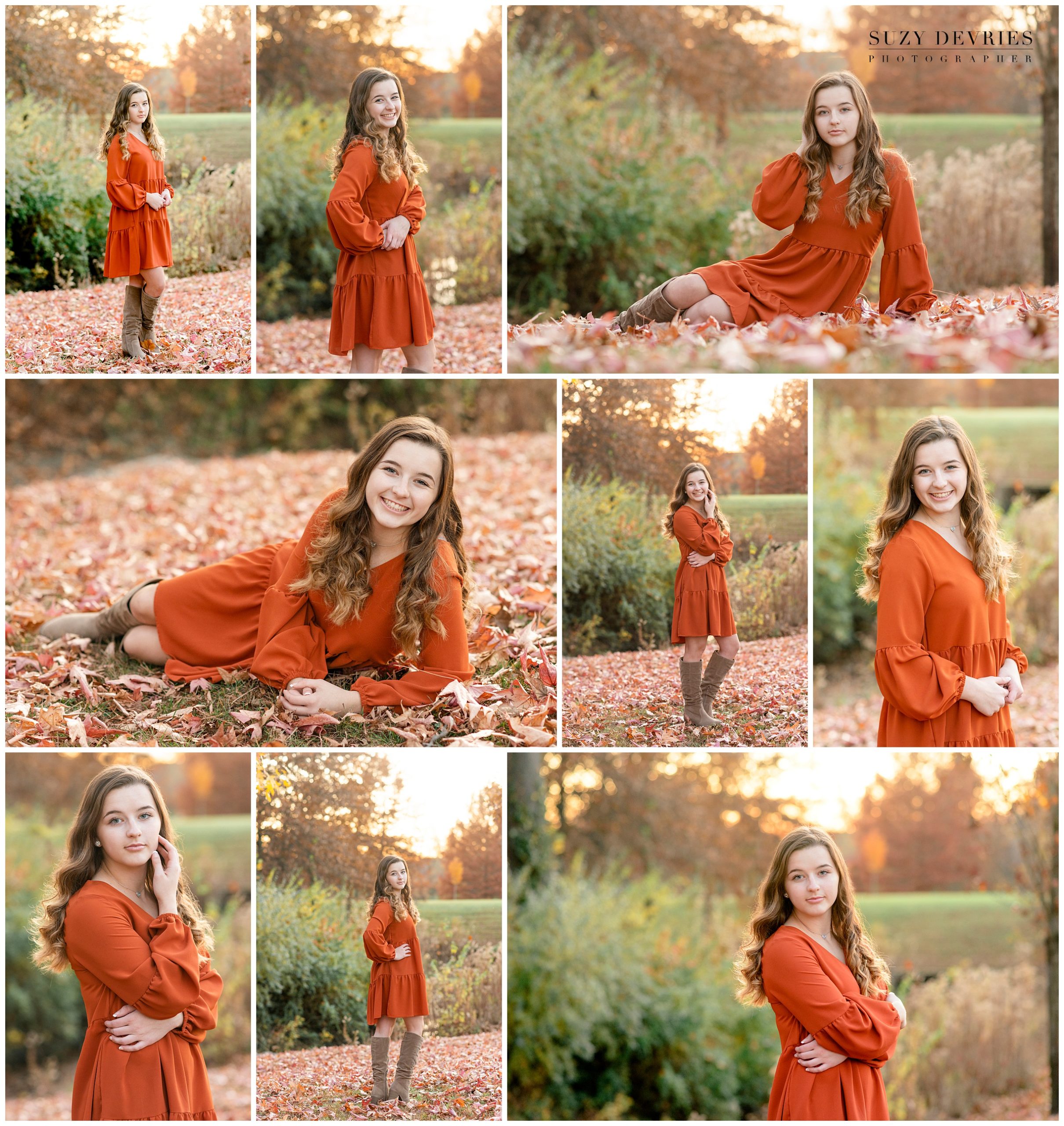 High school girl wearing an orange dress and tall tan boots posing in a field