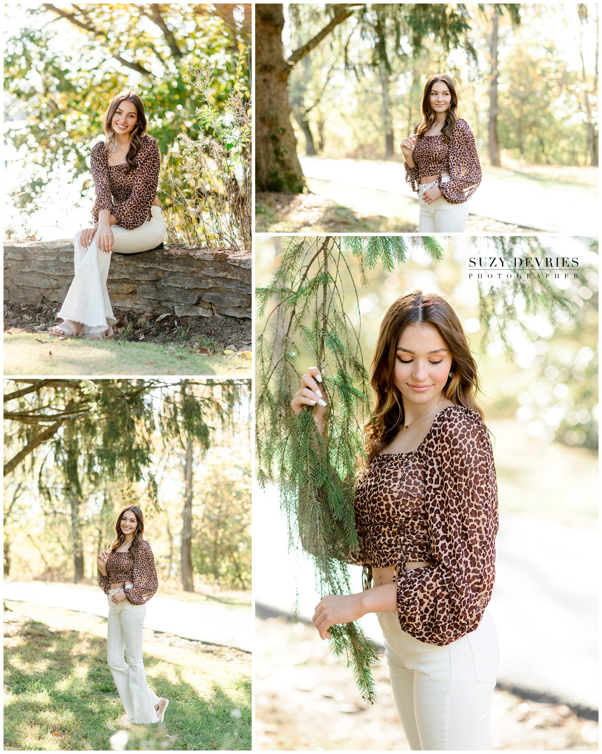 High School Senior Girl in leopard top and white flare pants