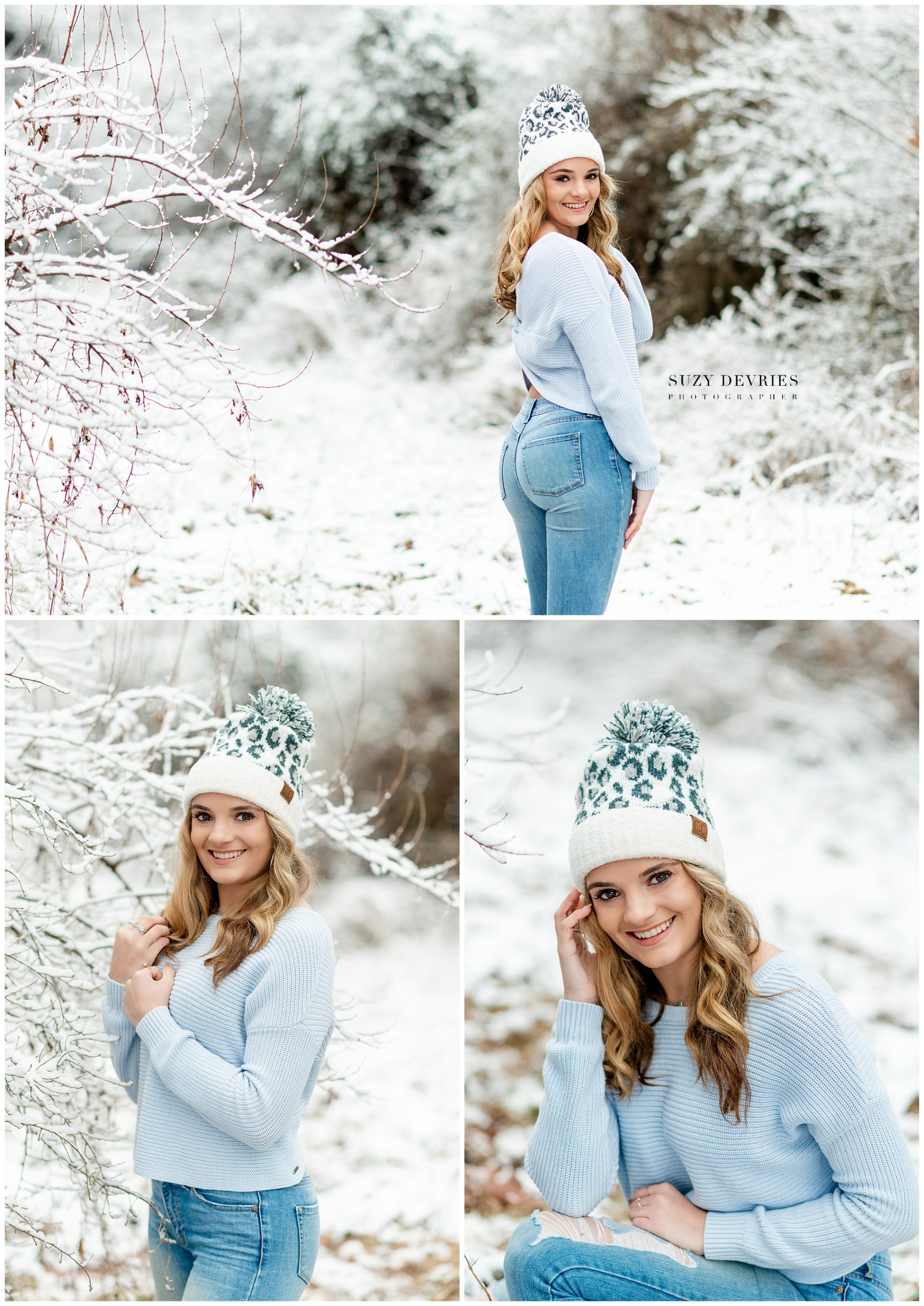 Edwardsville High School Senior girl in the snow wearing a blue sweater and leopard hat.